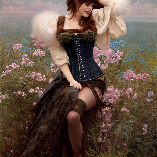 Photorealistic oil painting of Adult (Emma Watson) Wearing a corset and fluffy skirt and cut hat, Artstation, intricate details, Detailed Render by artgerm (greg rutkowski) and (luis royo) and [alphonse mucha] and José de Brito,  gfp:1, sampler:euler_a, ar:40:53, steps:50 cfg:20, upscale: 2
