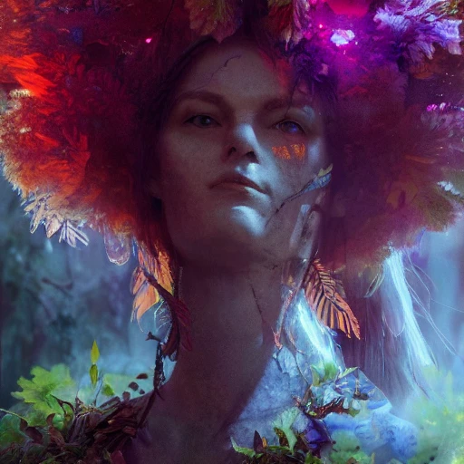 portrait of druid, psychedelic colors, intense stare, embers, smoldering leaves, ambient lighting, volumetric lighting, Unreal Engine, CryEngine, Octane render, HDR, sharp focus, highly detailed, Gaston Bussiere,