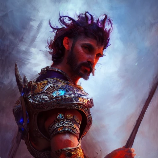 portrait of male warrior, psychedelic colors, intense stare, embers, smoldering dragon scale, ambient lighting, volumetric lighting, Unreal Engine, CryEngine, Octane render, HDR, sharp focus, highly detailed, Gaston Bussiere,