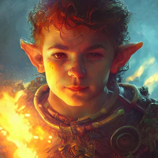 portrait of halfling warrior, psychedelic colors, intense stare, embers, smoldering dragon scale, ambient lighting, volumetric lighting, Unreal Engine, CryEngine, Octane render, HDR, sharp focus, highly detailed, Gaston Bussiere,