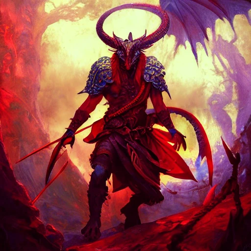portrait of brutal tiefling warrior with ((red dragon scale)), psychedelic colors, intense stare, embers, smoldering dragon scale, ambient lighting, volumetric lighting, Unreal Engine, CryEngine, Octane render, HDR, sharp focus, highly detailed, Gaston Bussiere,