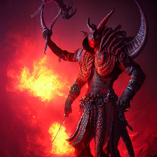 tiefling warrior with ((red dragon scales and dragon wings)), action scene, psychedelic colors, intense stare, embers, ambient lighting, volumetric lighting, Unreal Engine, CryEngine, Octane render, HDR, sharp focus, highly detailed, Gaston Bussiere,