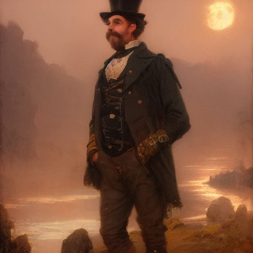 portrait of alchemist man, Victorian clothes, short hair, looking at viewer, subtle smile, nighttime, moonlight, moon in night sky, ambient lighting, volumetric lighting, Unreal Engine, CryEngine, Octane render, HDR, sharp focus, highly detailed, Gaston Bussiere,
