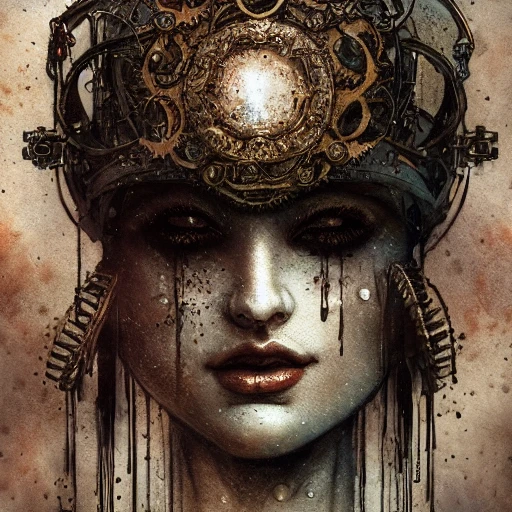 portret with bronze gears, cinematic pose, symmetry, ink dropped in water by Tom Bagshaw and Seb McKinnon, rococo details, post processing, painterly, book illustration watercolor granular splatter dripping paper texture, ink outlines,  arcane style