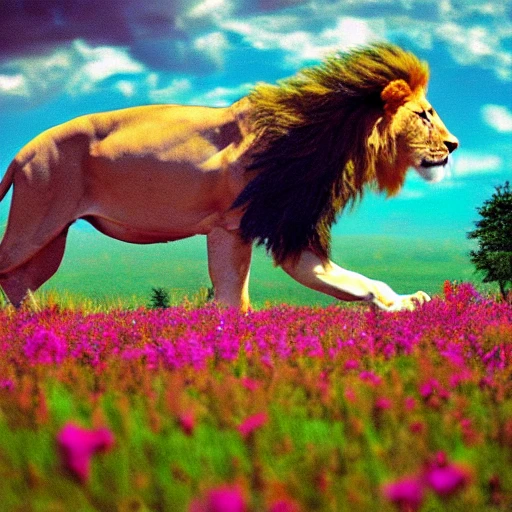 lion dans une prairie fleurie, montagne et chute d'eau en arrière plan, Trippy