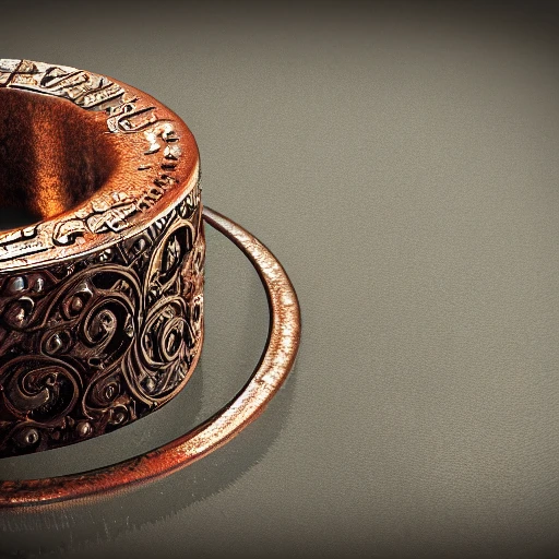 intricate!! a rusty ring with an inscription inside, isolated on a dreamy background, refraction, occlusion, filigree, lower and upper levels, keyshot render, octane render, vray render 