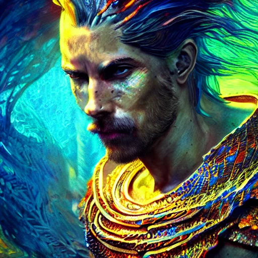 portrait of man with dragon scales, psychedelic colors, intense stare, embers, ambient lighting, volumetric lighting, Unreal Engine, CryEngine, Octane render, HDR, sharp focus, highly detailed, Gaston Bussiere,