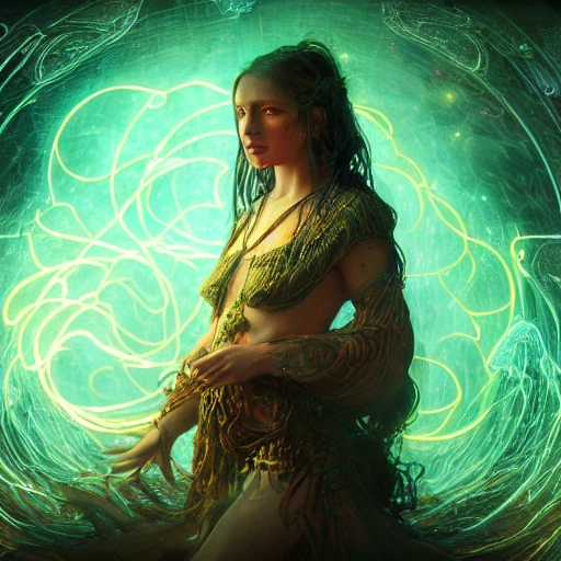 portrait of female druid, (stars connected by lines:1.3), spirals, psychedelic colors, ambient lighting, volumetric lighting, Unreal Engine, CryEngine, Octane render, HDR, sharp focus, highly detailed, Gaston Bussiere