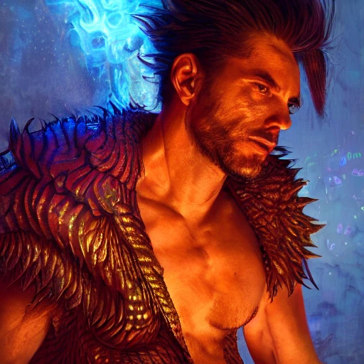 portrait of man with smoldering dragon scales, psychedelic colors, intense stare, embers, ambient lighting, volumetric lighting, Unreal Engine, CryEngine, Octane render, HDR, sharp focus, highly detailed, Gaston Bussiere,