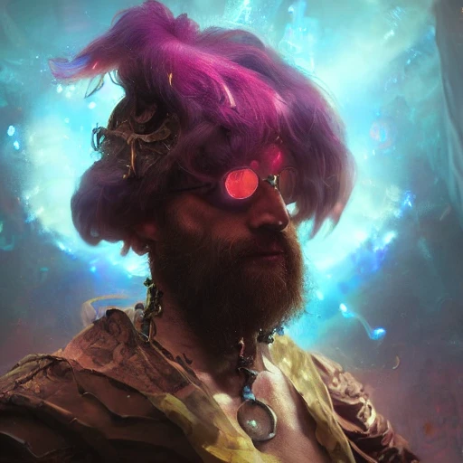 portrait scientist alchemist man, psychedelic colors, ambient lighting, volumetric lighting, dungeons ad dragons, Unreal Engine, CryEngine, Octane render, HDR, sharp focus, highly detailed, Gaston Bussiere,