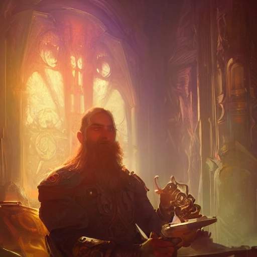 portrait scientist alchemist man, psychedelic colors, ambient lighting, volumetric lighting, dungeons ad dragons, Unreal Engine, CryEngine, Octane render, HDR, sharp focus, highly detailed, Gaston Bussiere,