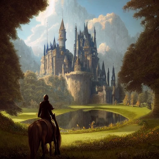 beautiful matte art of a big castle in a serene landscape, a knight riding a dragon, by albert bierstadt, green grass, highly detailed, crystal lighting, mystical, forest, hyperrealistic, 4 k, unreal engine, magical, by joe fenton, by greg rutkowski, by greg tocchini, by kaws, by kate beaton, by kaethe butcher 