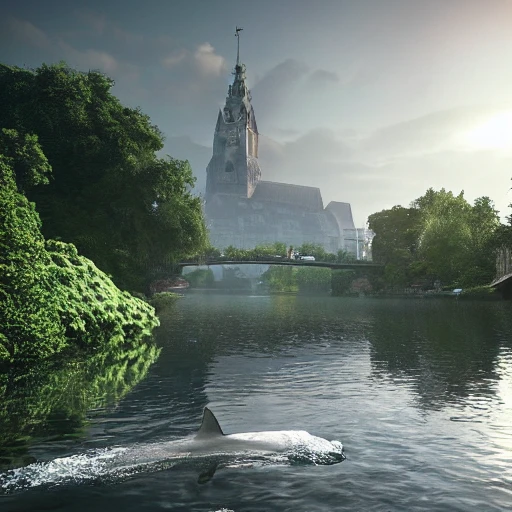 a shark in the river of Rhine in front of Deutsches Eck, highly detailed, crystal lighting, mystical, forest, hyperrealistic, 4 k, unreal engine, magical