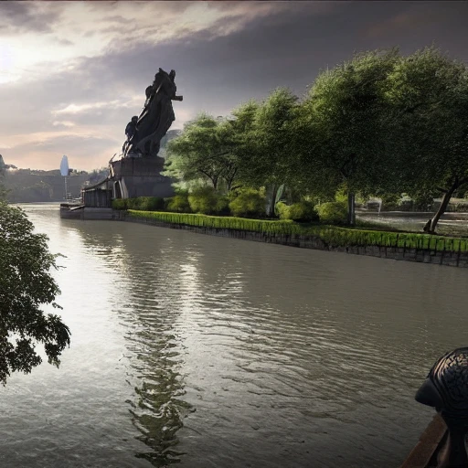 a shark in the river of Rhine in front of Deutsches Eck in Koblenz, highly detailed, crystal lighting, mystical, forest, hyperrealistic, 4 k, unreal engine, magical