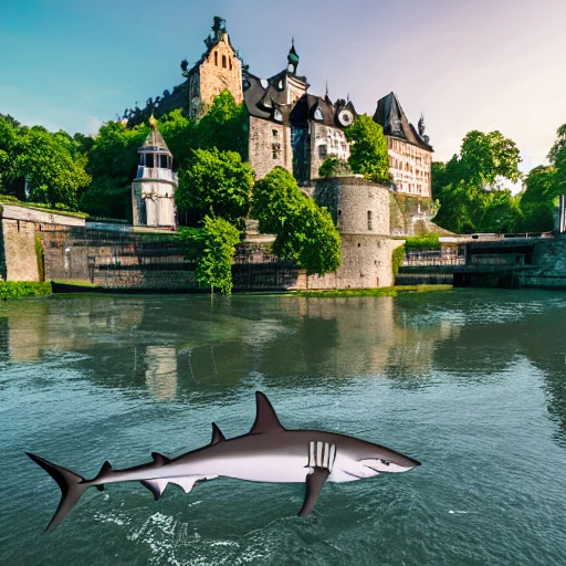 a shark in the river of Rhine in front of Ehrenbreitstein Fortress in Koblenz, highly detailed, crystal lighting, mystical, forest, hyperrealistic, 4 k, unreal engine, magical