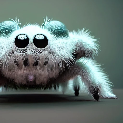 3d fluffy spider, closeup cute and adorable, cute big circular reflective eyes, long fuzzy fur, Pixar render, unreal engine cinematic smooth, intricate detail, cinematic
