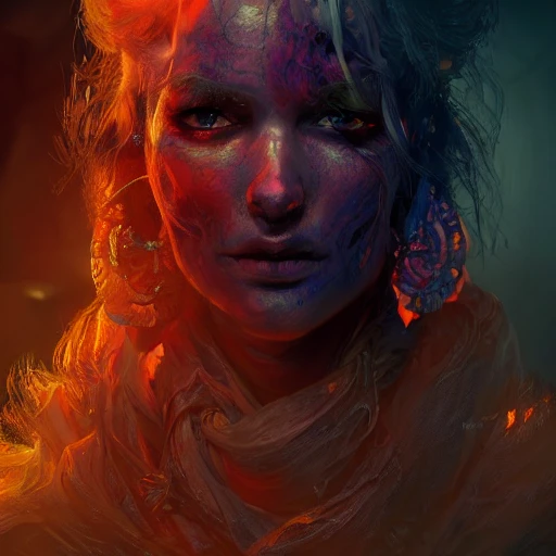 portrait of necromancer, psychedelic colors, intense stare, embers, ambient lighting, volumetric lighting, Unreal Engine, CryEngine, Octane render, HDR, sharp focus, highly detailed, Gaston Bussiere,