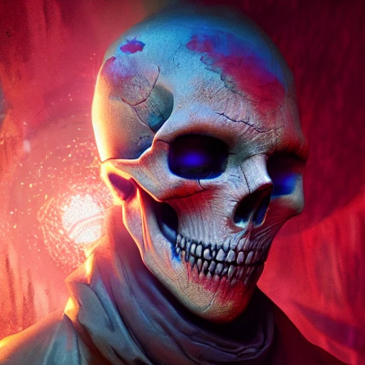 portrait of necromancer with skull mask, psychedelic colors, intense stare, embers, ambient lighting, volumetric lighting, Unreal Engine, CryEngine, Octane render, HDR, sharp focus, highly detailed, Gaston Bussiere,