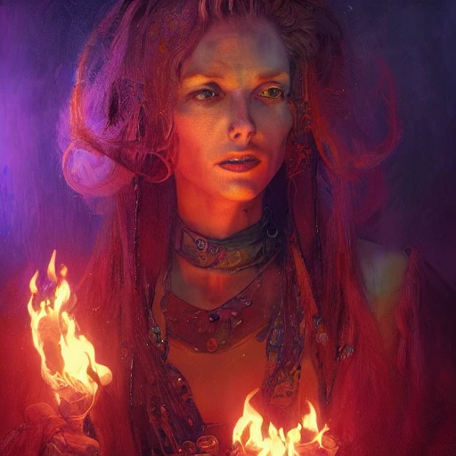 portrait of witch, psychedelic colors, intense stare, embers, ambient lighting, volumetric lighting, Unreal Engine, CryEngine, Octane render, HDR, sharp focus, highly detailed, Gaston Bussiere,