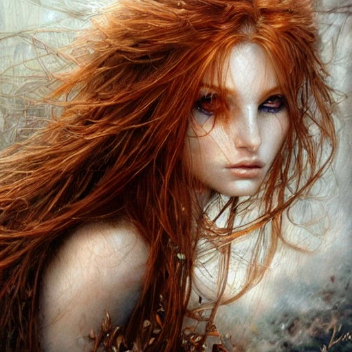 Very detailed, intricate, elegant, delicate, highly detailed, beautiful face and eyes, ginger hair, trending on artstation, oil painting, by Luis Royo