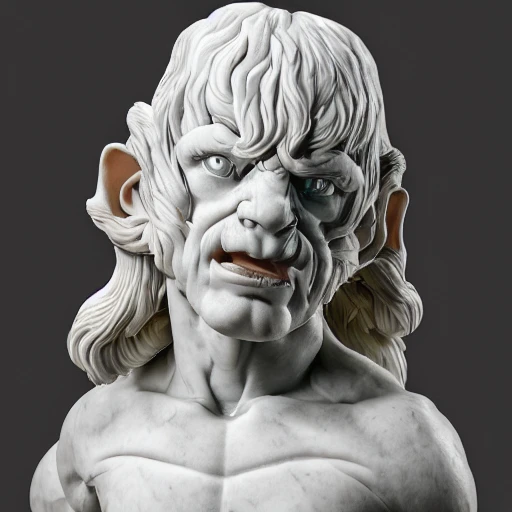 carrara marble with veins texture, full lenght marble statue of a squatting angry (halfling), with hands and hairs, very lean muscles, marble eyes, detailed face, murble with veins skin,marble with many veins wall in the background, hyperrealistic, renaissance sculpture, 4k, 8k, 200mm, focus