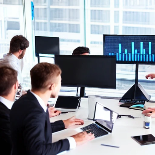 Business people working together at a high Table with monitors, Trippy, Cartoon, 3D, Water Color, Pencil Sketch