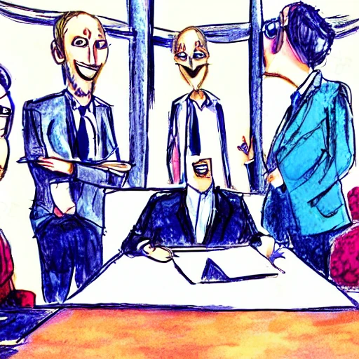 Business people working together at a high Table with monitors, Trippy, Cartoon, 3D, Water Color, Pencil Sketch