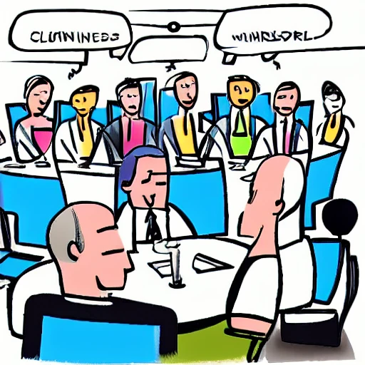 Business people working together at a high Table with monitors, Cartoon