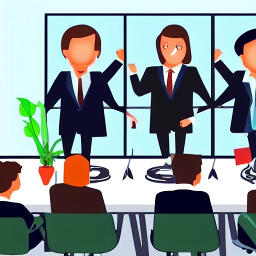 Business people working together at a high Table with monitors, Cartoon