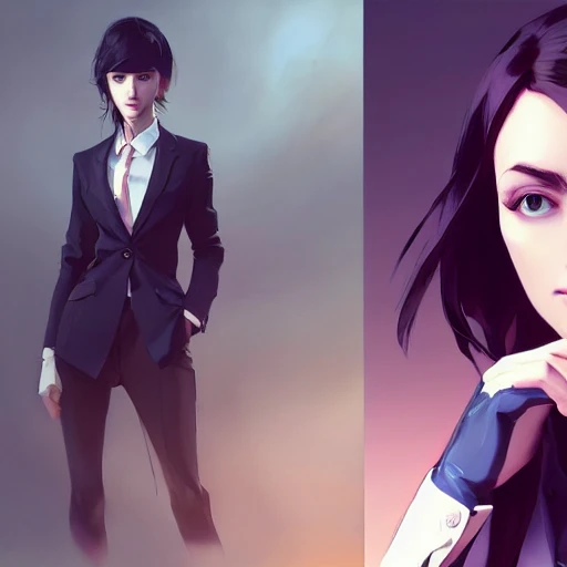 arcane style, Posh girl wearing an open blazer, tie, detailed portrait, cell shaded, 4 k, concept art, by wlop, ilya kuvshinov, artgerm, krenz cushart, greg rutkowski, pixiv. cinematic dramatic atmosphere, sharp focus, volumetric lighting, cinematic lighting, studio quality