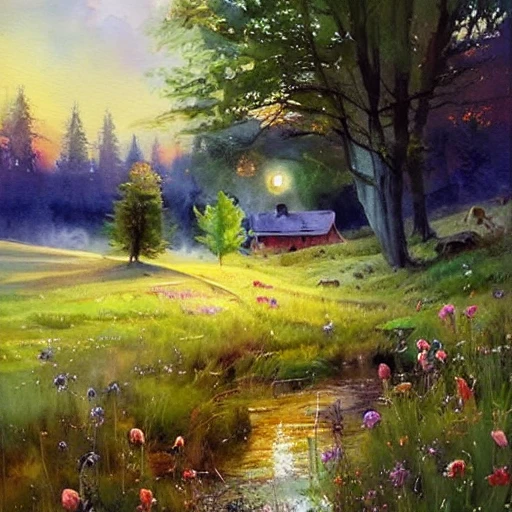 a beautiful night in the swedish countryside, watercolor painting by vladimir volegov