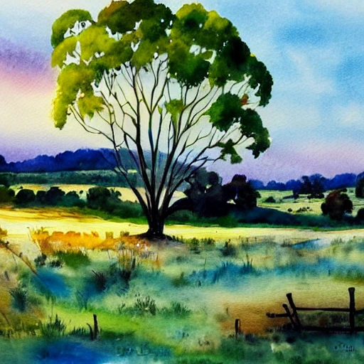 a beautiful night in the Australian countryside, watercolor painting 
