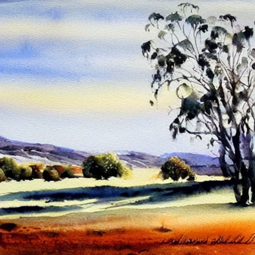 Beautiful winters day in the Australian countryside, watercolor painting, Water Color