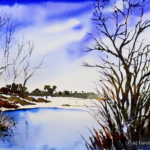 Beautiful winters day in the Australian countryside,  rich watercolor painting, Water Color