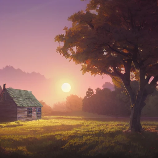 small house at sunset. Country road, country landscape, trees. wide view, desolate. digital illustration, very vibrant colors, soft lighting, adventurous, atmospheric lighting, 8K, octane render. By Makoto Shinkai, Stanley Artgerm Lau, WLOP, Rossdraws, James Jean, Andrei Riabovitchev, Marc Simonetti, krenz cushart, Sakimichan, D&D trending on ArtStation, , Water Color