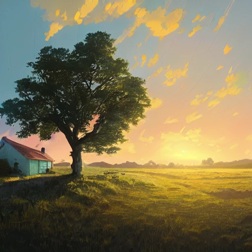 Downvote
small house at sunset. Country road, country landscape, trees. wide view, desolate. digital illustration, very vibrant colors, soft lighting, adventurous, atmospheric lighting, 8K, octane render. By Makoto Shinkai, Stanley Artgerm Lau, WLOP, Rossdraws, James Jean, Andrei Riabovitchev, Marc Simonetti, krenz cushart, Sakimichan, D&D trending on ArtStation, , Water Color