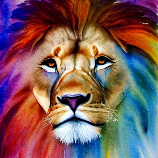 ultra detailed watercolor painting of a lion, Hyperrealism, breathtaking, ultra realistic, ultra detailed, ethereal background, cinematic lighting, highly detailed, breathtaking, imagery, stunning environment, wide-angle, Water Color