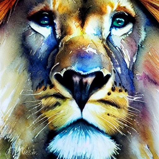 ultra detailed watercolor painting of a lion, Hyperrealism, breathtaking, ultra realistic, ultra detailed, ethereal background, symmetrically proportioned, highly detailed, breathtaking imagery, stunning environment, Water Color