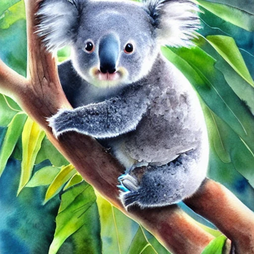 ultra detailed watercolor painting of a baby koala, Hyperrealism, breathtaking, ultra realistic, ultra detailed, ethereal background, symmetrically proportioned, highly detailed, breathtaking imagery, stunning environment, Water Color