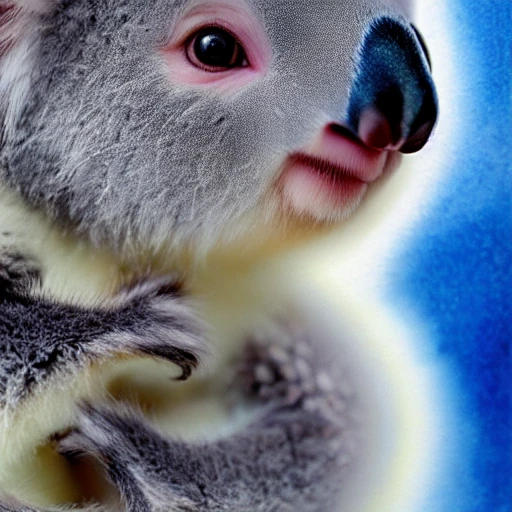 ultra detailed watercolor painting of a baby koala, Hyperrealism, breathtaking, ultra realistic, ultra detailed, ethereal flowered background, symmetrically proportioned, highly detailed, breathtaking beautiful hyperrealistic eyes, Water Color