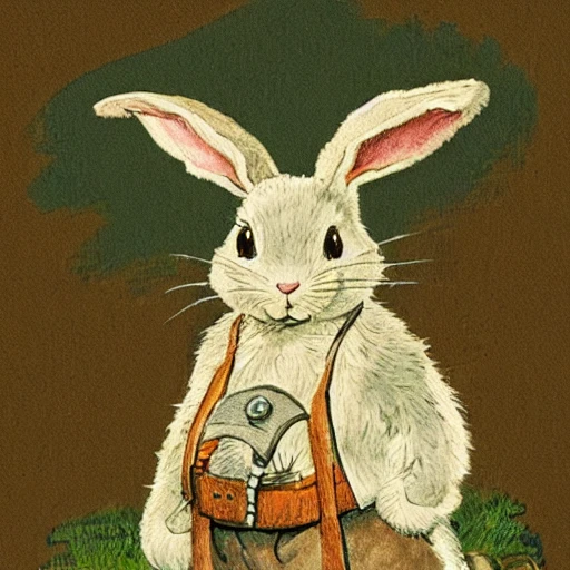 anthropomorphic illustration of a cute rabbit as an adventurer by Beatrix Potter