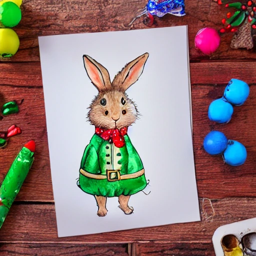 anthropomorphic illustration of a cute baby rabbit wearing Christmas shirt and decorating a Christmas tree , Water Color