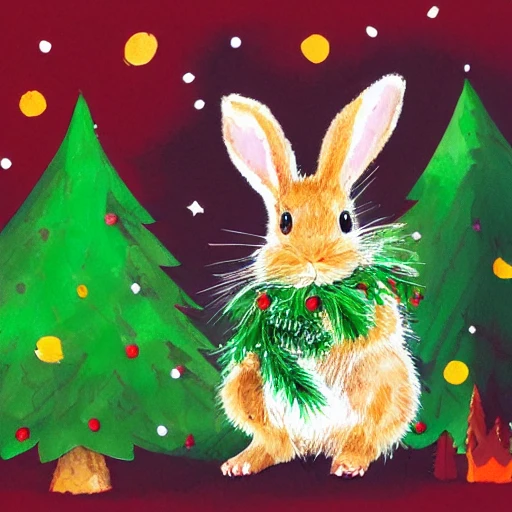 hyperrealistic illustration of a cute baby rabbit wearing Christmas shirt and decorating a Christmas tree , Water Color