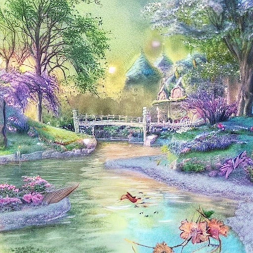 Beautiful happy picturesque charming fantasy town in harmony with nature. Beautiful pastel light. Water and plants. Nice soft color scheme, soft warm color. Extremely detailed. Beautiful detailed artistic watercolor by Lurid. (2022)