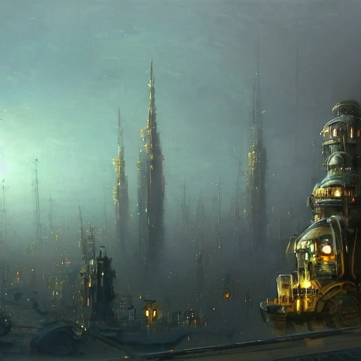 wide view of a steampunk airship docking with a tall tower, fog ...