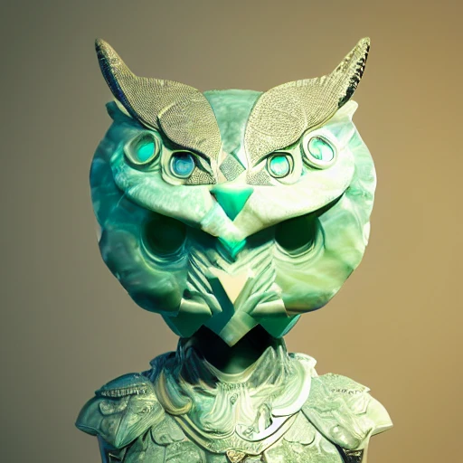  mdjrny-v4 style, ultra detailed marble and jade sculpture of a Anthropomorphic blue owl, big green eyes, lots of details, portrait, finely detailed armor, cinematic lighting, intricate filigree metal design, 8k, unreal engine, octane render, realistic, redshift render 