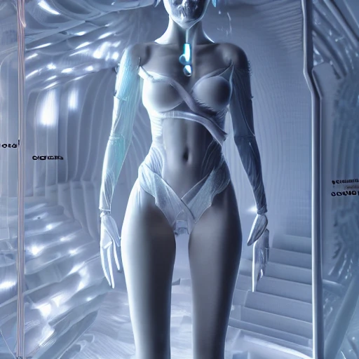 A real perfect female anatomy made by beautiful and elegant pure white bio organic ceramic, hyper details, concept futuristic style and ecorchè style, cinematic lights, photo bashing , epic cinematic, octane render ,extremely high detail, post processing, 8k, 3d, denoise, redshift style