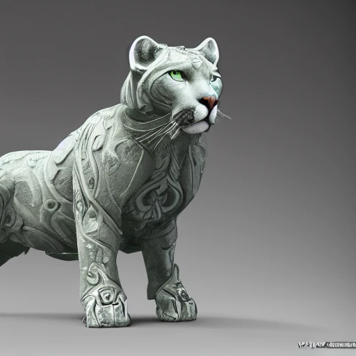  mdjrny-v4 style, ultra detailed marble and jade sculpture of a cougar, big green eyes, lots of details, portrait, finely detailed armor, cinematic lighting, intricate filigree metal design, 8k, unreal engine, octane render, realistic, redshift render 