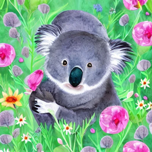 watercolor baby koala, field of pastel flowers, ultra realistic koala and flowers, dreamy colors, hyper detailed