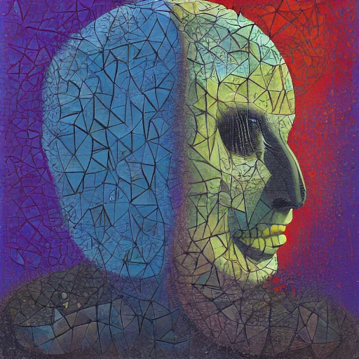 by gediminas pranckevicius, by mikhail larionov geometric, ecstatic astigmatism. a beautiful print of a person in profile, with their features appearing both in front of & behind their head. Abstract Expressionism Oil Painting Intertwined With A Eldritch Lovecraftian Zombie Head Skull, Spray Paint Texture, Drips, Kandinsky,M.C. Escher, Graffiti Texture, Brushstrokes, Abstract, Highly Detailed, Hyperealistic Fresh Paint, Harmon,big thick chunky paint strokes, Cartoon, Cartoon